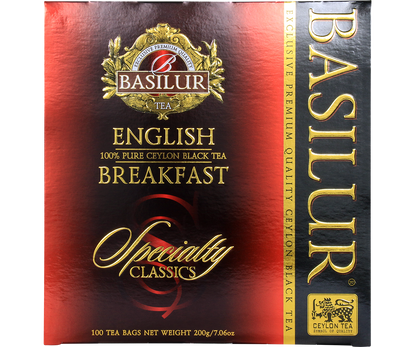 Przód opakowania Basilur English Breakfast – klasyczny design i logo Basilur Tea.