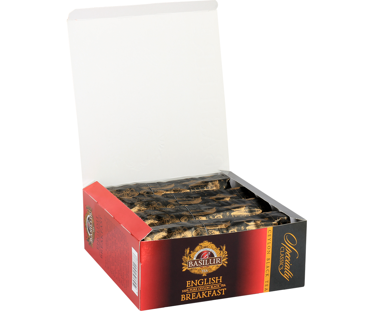 Otwarta paczka Basilur English Breakfast – saszetki herbaty w złotym opakowaniu.