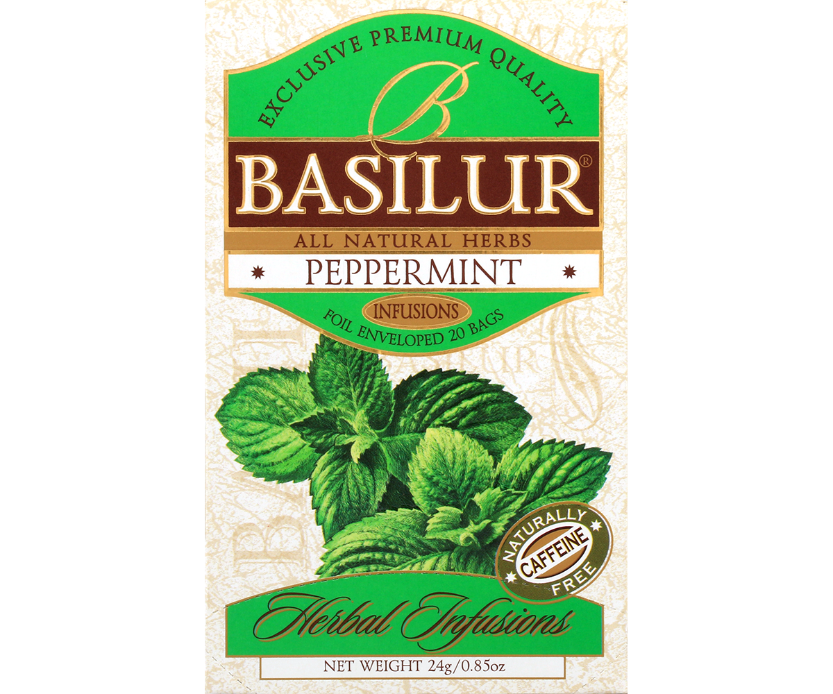 Przód opakowania herbaty Basilur Peppermint z kolekcji Herbal Infusions.