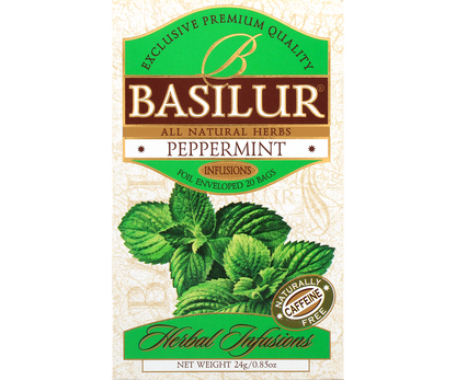 Przód opakowania herbaty Basilur Peppermint z kolekcji Herbal Infusions.