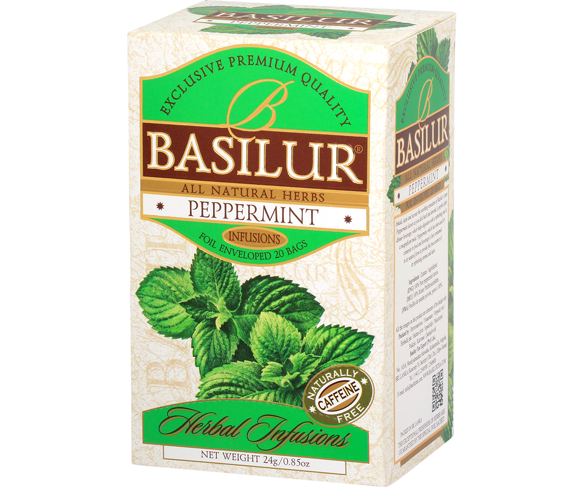 Perspektywiczne ujęcie opakowania herbaty z liści mięty pieprzowej.