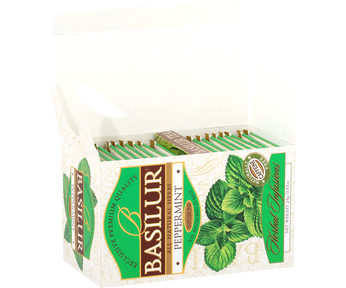 Otwarte pudełko Basilur Peppermint z kopertowanymi torebkami w środku.