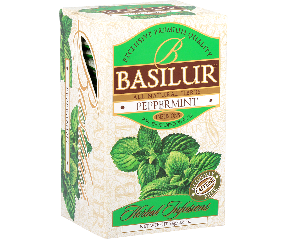 Bok pudełka Basilur Peppermint z opisem produktu.