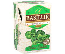 Bok pudełka Basilur Peppermint z opisem produktu.