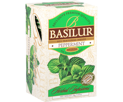 Bok pudełka Basilur Peppermint z opisem produktu.