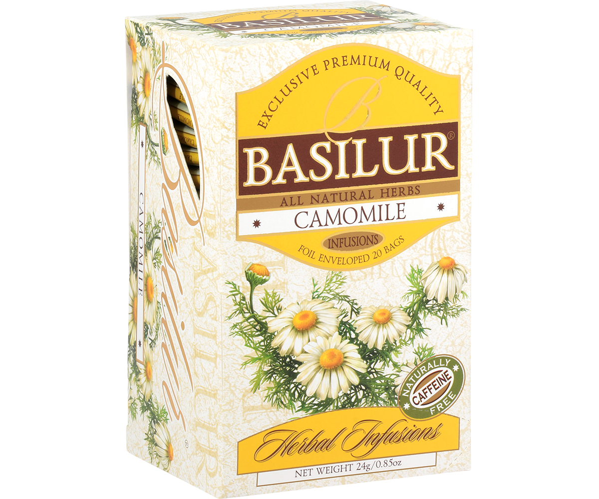 Bok pudełka Basilur Camomile z opisem produktu.