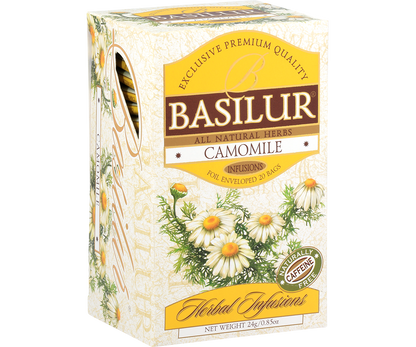 Bok pudełka Basilur Camomile z opisem produktu.