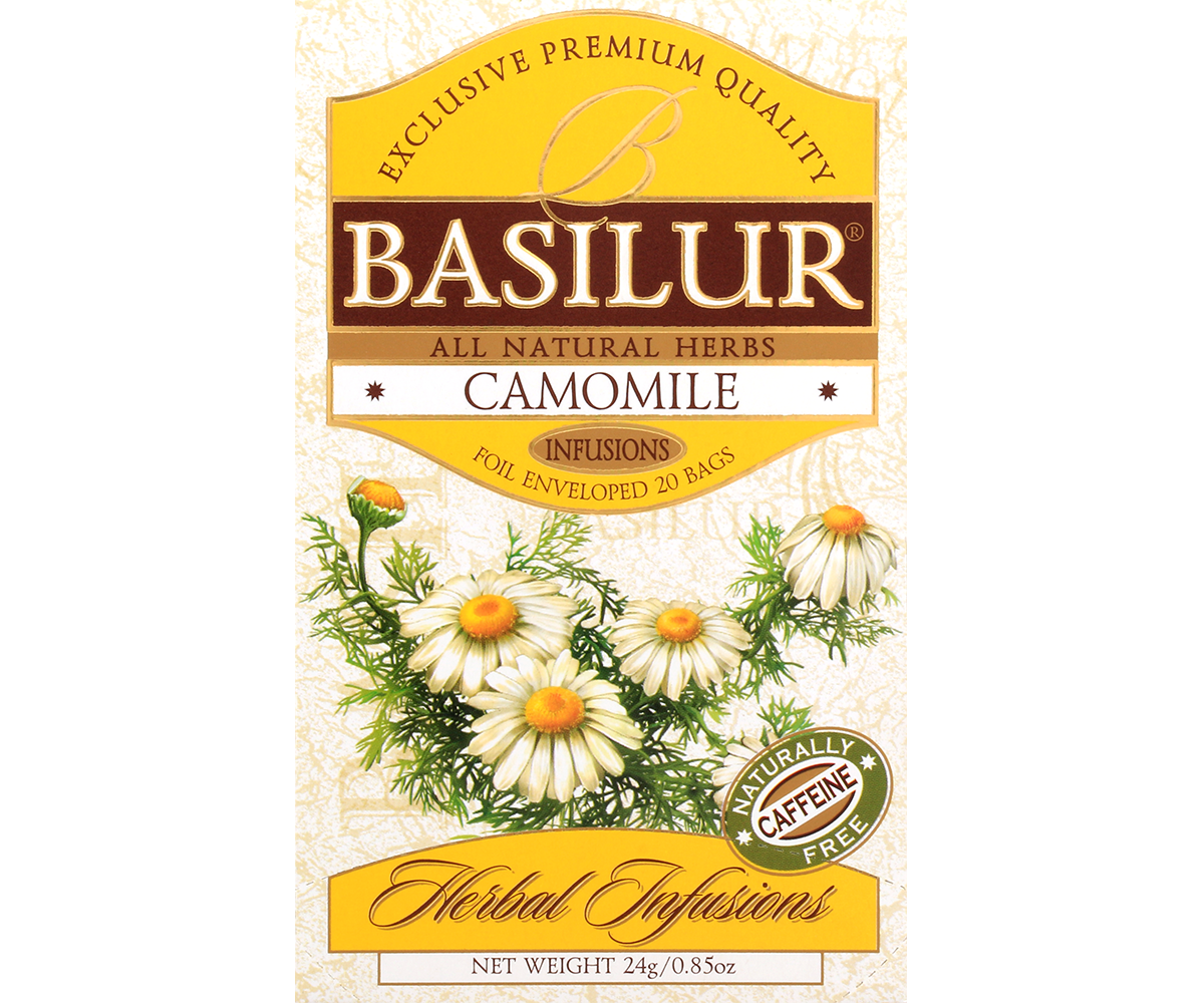 Przód opakowania herbaty Basilur Camomile z kolekcji Herbal Infusions.