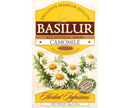 Przód opakowania herbaty Basilur Camomile z kolekcji Herbal Infusions.
