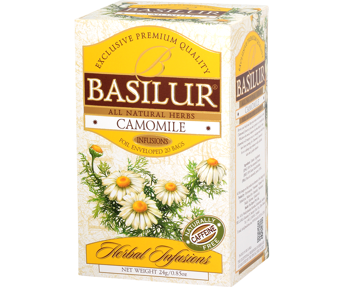 Perspektywiczne ujęcie opakowania rumiankowej herbaty ziołowej.