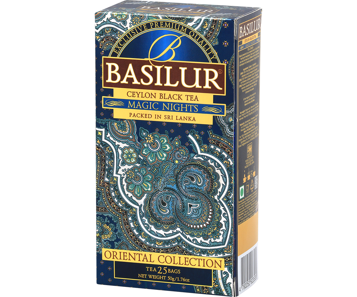 Bok pudełka Basilur Magic Nights – eleganckie, orientalne wzory.