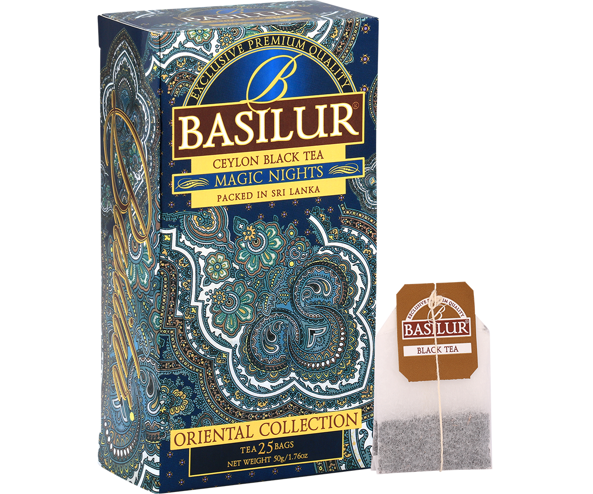 Herbata Basilur Magic Nights – pudełko i torebka herbaty czarnej.
