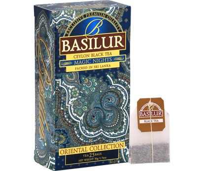 Herbata Basilur Magic Nights – pudełko i torebka herbaty czarnej.