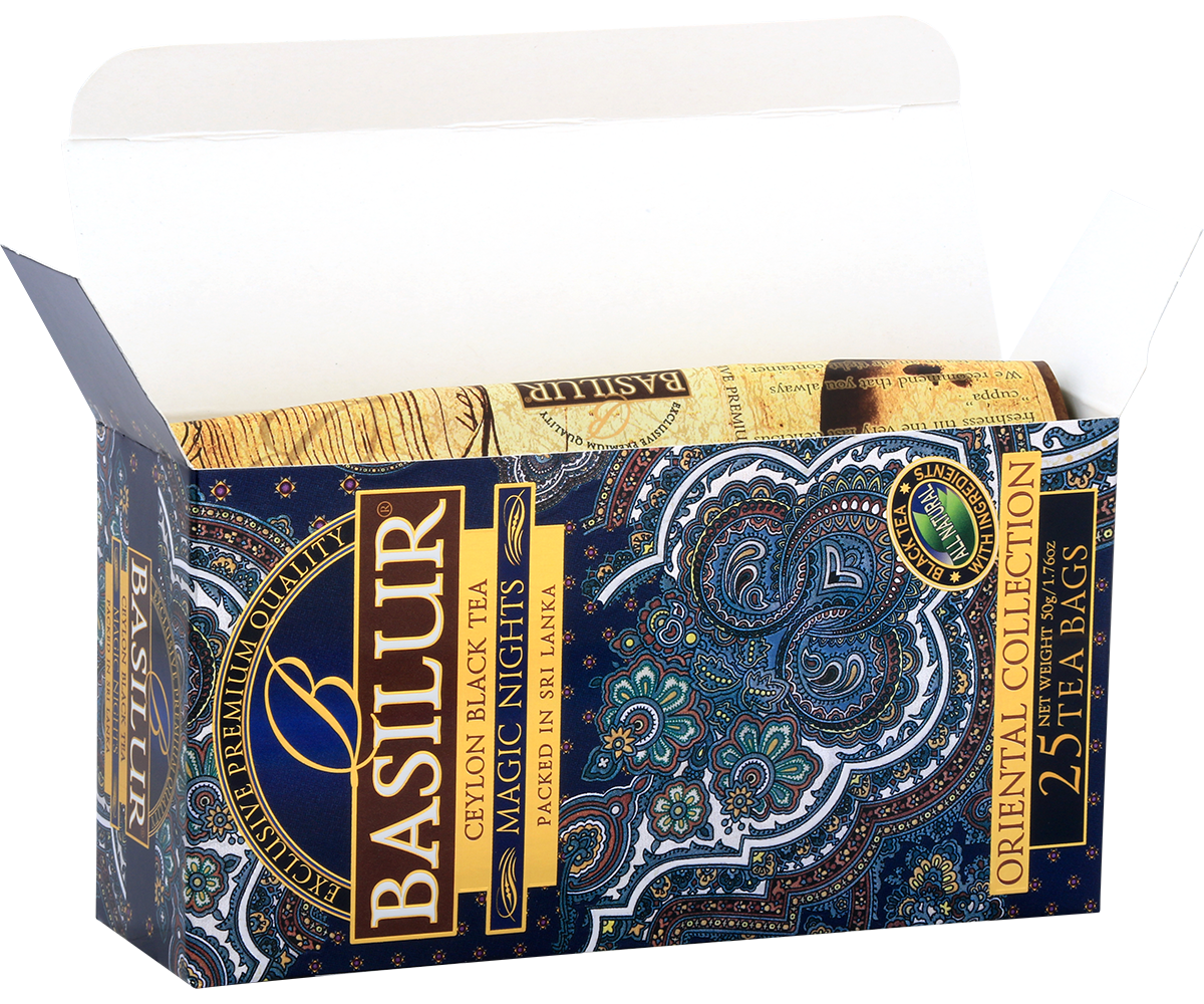 Otwarte pudełko Basilur Magic Nights – herbaty w kopertach.