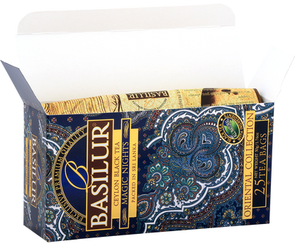 Otwarte pudełko Basilur Magic Nights – herbaty w kopertach.