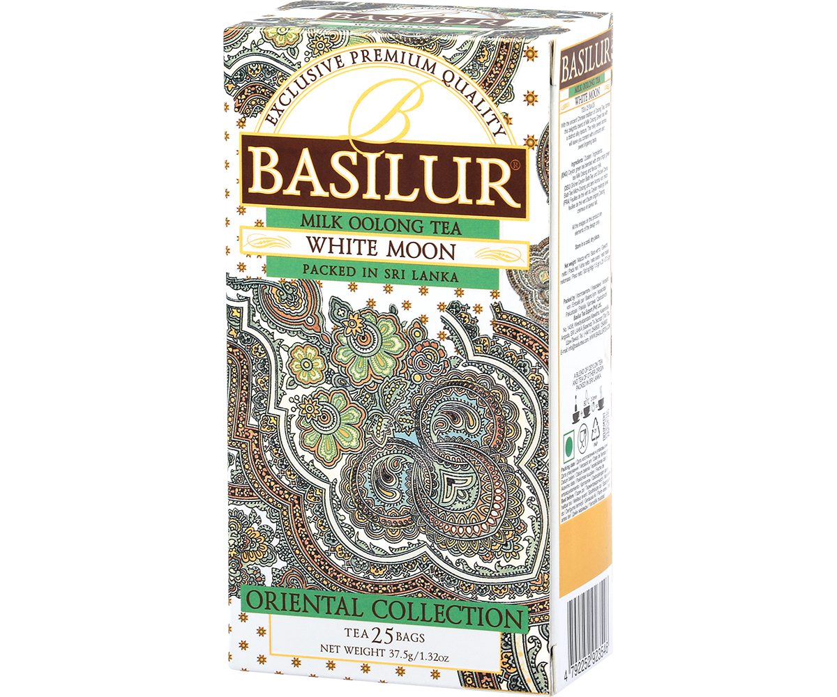 Bok pudełka Basilur White Moon – mleczna herbata Oolong 25 x 1,5 g.