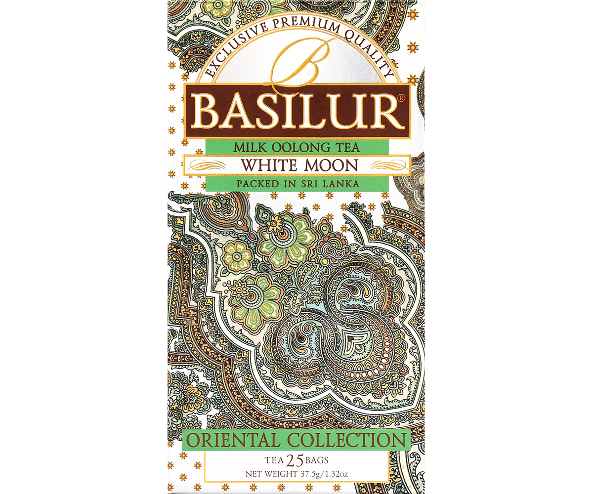 Opakowanie Basilur White Moon – mleczna herbata Oolong o delikatnym smaku.