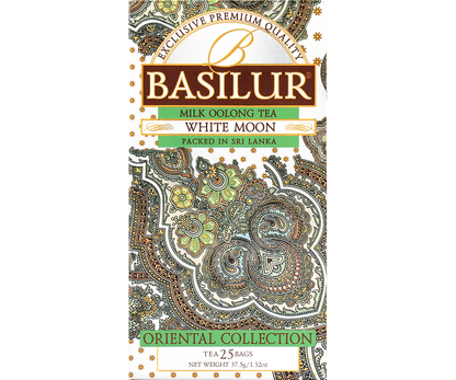 Opakowanie Basilur White Moon – mleczna herbata Oolong o delikatnym smaku.