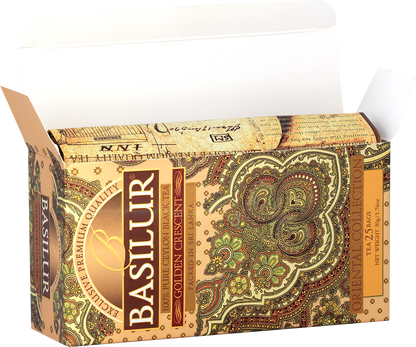 Otwarta herbata Basilur Golden Crescent z widocznymi torebkami w środku.