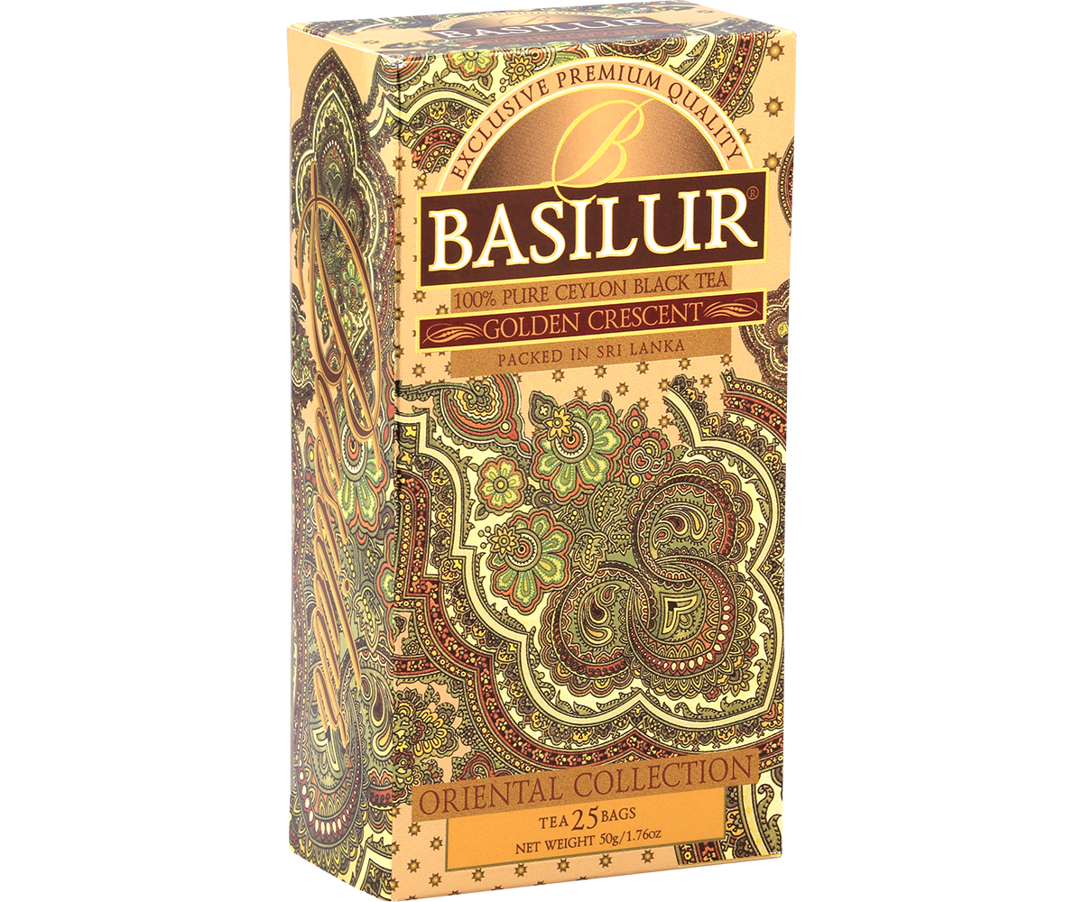 Herbata Basilur Golden Crescent widok z boku, elegancki orientalny wzór paisley.