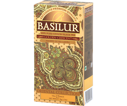 Opakowanie herbaty Basilur Golden Crescent z kolekcji Oriental Collection w złoto-brązowych barwach.