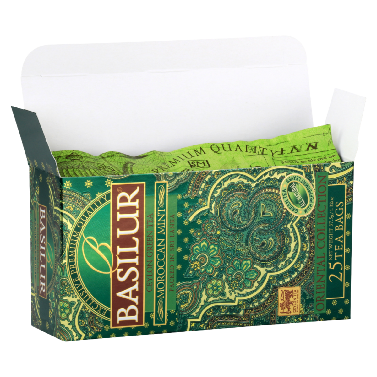 Zdjęcie otwartego pudełka Basilur Moroccan Mint torebki zielonej herbaty z miętą.