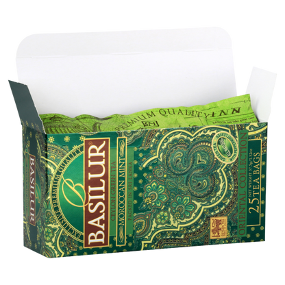 Zdjęcie otwartego pudełka Basilur Moroccan Mint torebki zielonej herbaty z miętą.