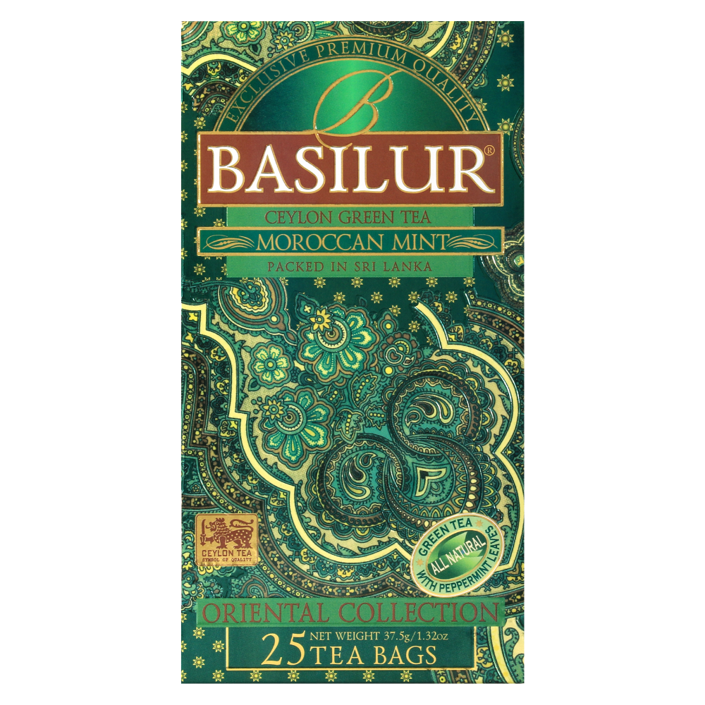 Fotografia przedstawiająca front pudełka Basilur Moroccan Mint aromatyczna zielona herbata z miętą.

