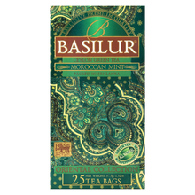 Fotografia przedstawiająca front pudełka Basilur Moroccan Mint aromatyczna zielona herbata z miętą.
