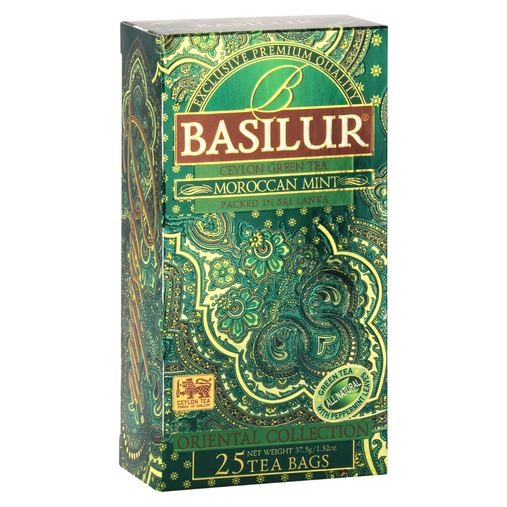 Zdjęcie prezentujące opakowanie herbaty Basilur Moroccan Mint zielona herbata cejlońska z miętą.
