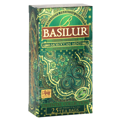 Zdjęcie prezentujące opakowanie herbaty Basilur Moroccan Mint zielona herbata cejlońska z miętą.
