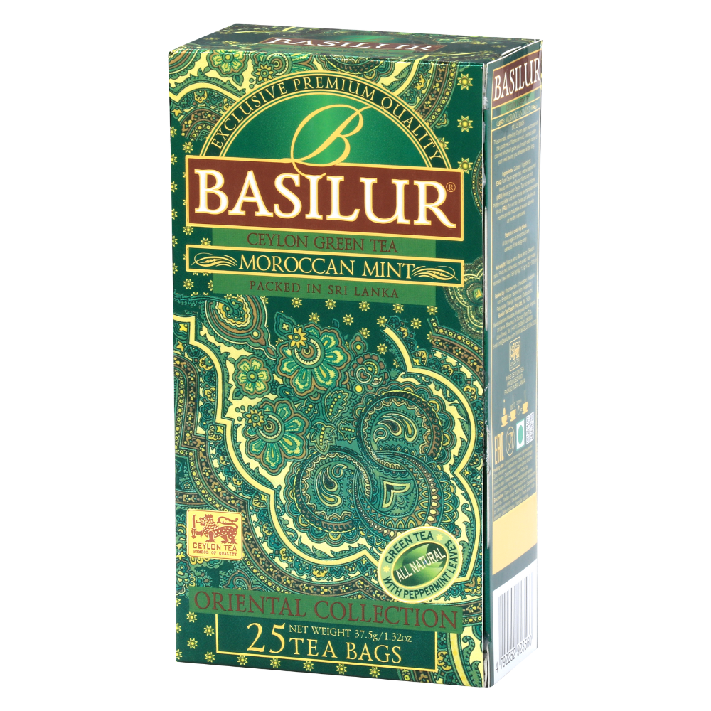 Ujęcie trójwymiarowe opakowania Basilur Moroccan Mint zielona herbata z orzeźwiającą miętą.
