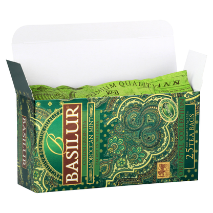 Zdjęcie otwartego pudełka Basilur Moroccan Mint torebki zielonej herbaty z miętą.
