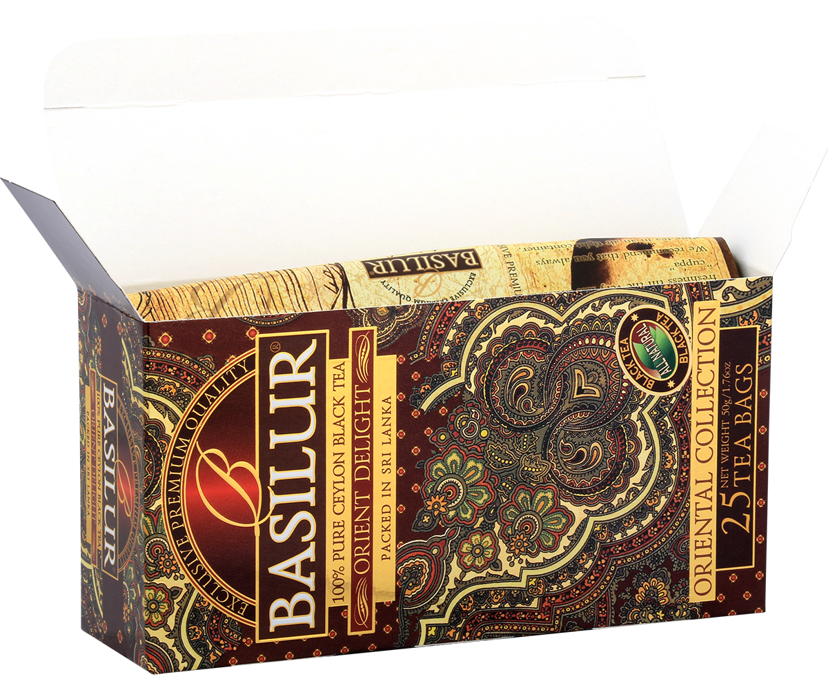 Otwarte pudełko Basilur Orient Delight – 25 kopert z czarną herbatą.