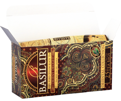 Otwarte pudełko Basilur Orient Delight – 25 kopert z czarną herbatą.