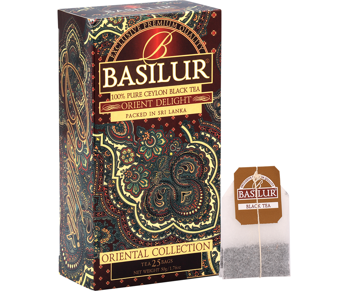 Herbata Basilur Orient Delight – pudełko i torebka herbaty czarnej.