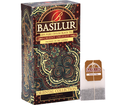 Herbata Basilur Orient Delight – pudełko i torebka herbaty czarnej.