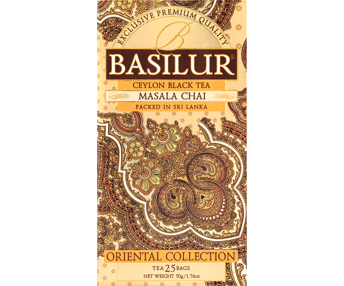Herbata Basilur Masala Chai – eleganckie pudełko w orientalne wzory.