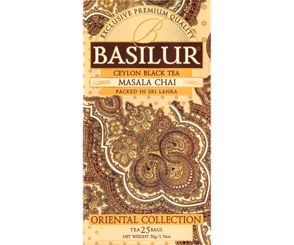 Herbata Basilur Masala Chai – eleganckie pudełko w orientalne wzory.