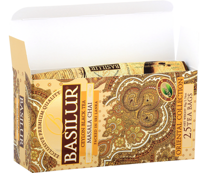 Otwarte pudełko Basilur Masala Chai – aromatyczna herbata cejlońska z przyprawami.