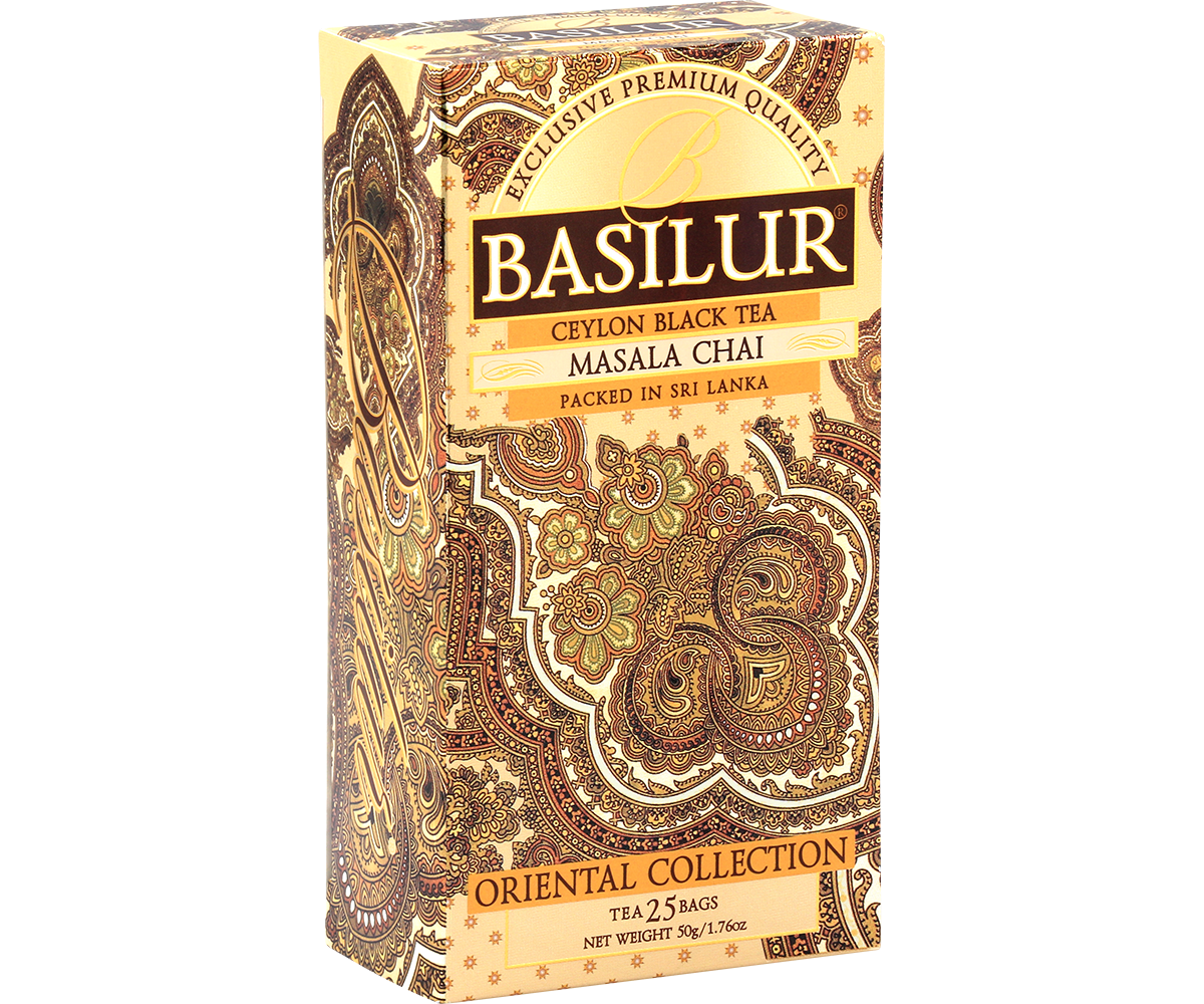 Herbata Basilur Masala Chai – eleganckie pudełko w orientalne wzory.