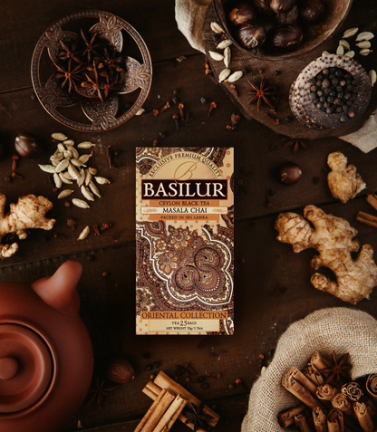 Herbata Basilur Masala Chai – czarna herbata z przyprawami, stylizowana z kardamonem i imbirem.