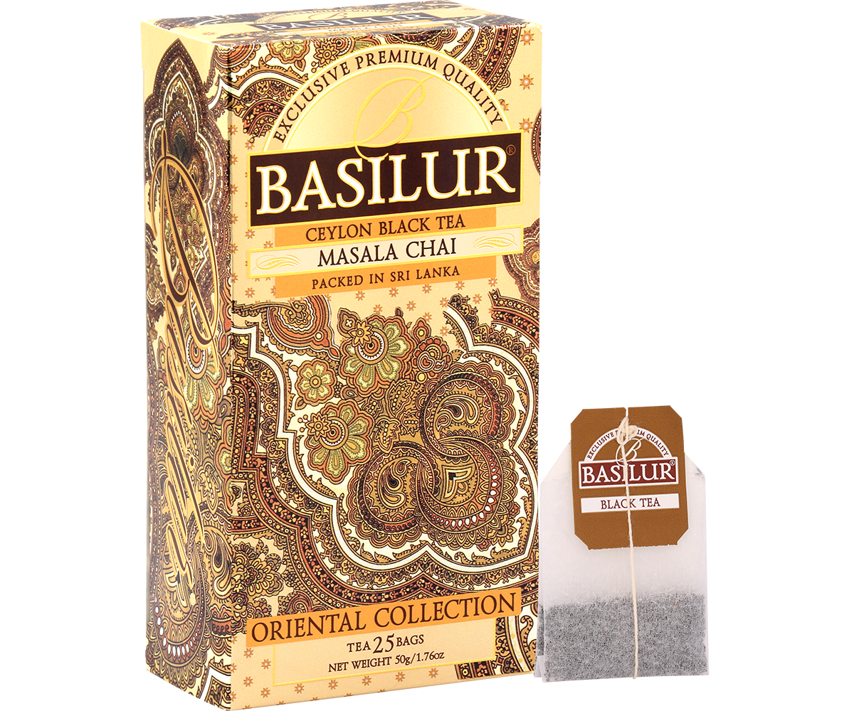 Basilur Masala Chai – pudełko herbaty i torebka z kolekcji Oriental.