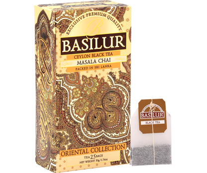 Basilur Masala Chai – pudełko herbaty i torebka z kolekcji Oriental.