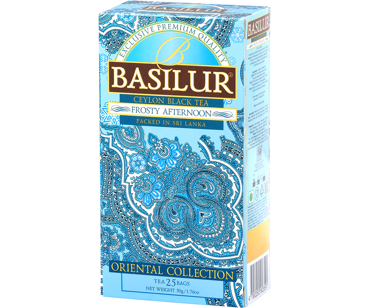 Widok boczny herbaty Basilur Frosty Afternoon – eleganckie opakowanie z niebieskimi detalami.
