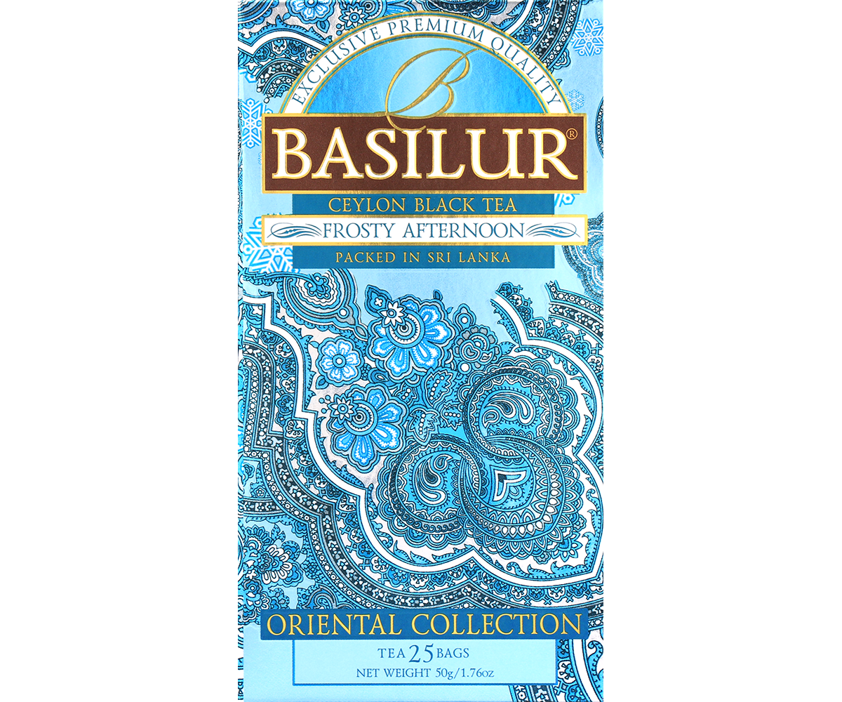 Opakowanie herbaty Basilur Frosty Afternoon – czarna herbata cejlońska w niebieskim pudełku.