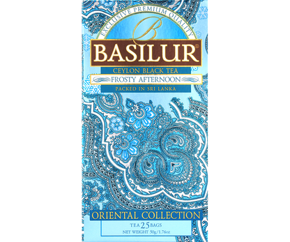 Opakowanie herbaty Basilur Frosty Afternoon – czarna herbata cejlońska w niebieskim pudełku.