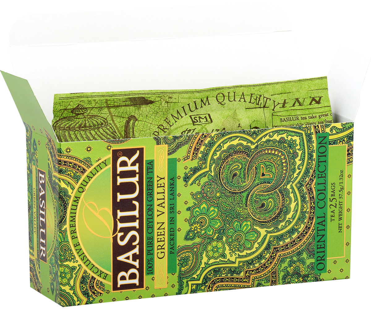 Otwarta herbata Basilur Green Valley w ozdobnym, zielonym pudełku z orientalnym motywem.