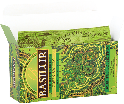 Otwarta herbata Basilur Green Valley w ozdobnym, zielonym pudełku z orientalnym motywem.