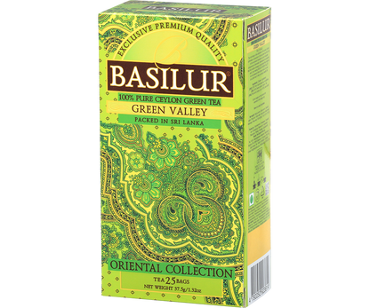 Widok boczny pudełka Basilur Green Valley – zielona herbata cejlońska.
